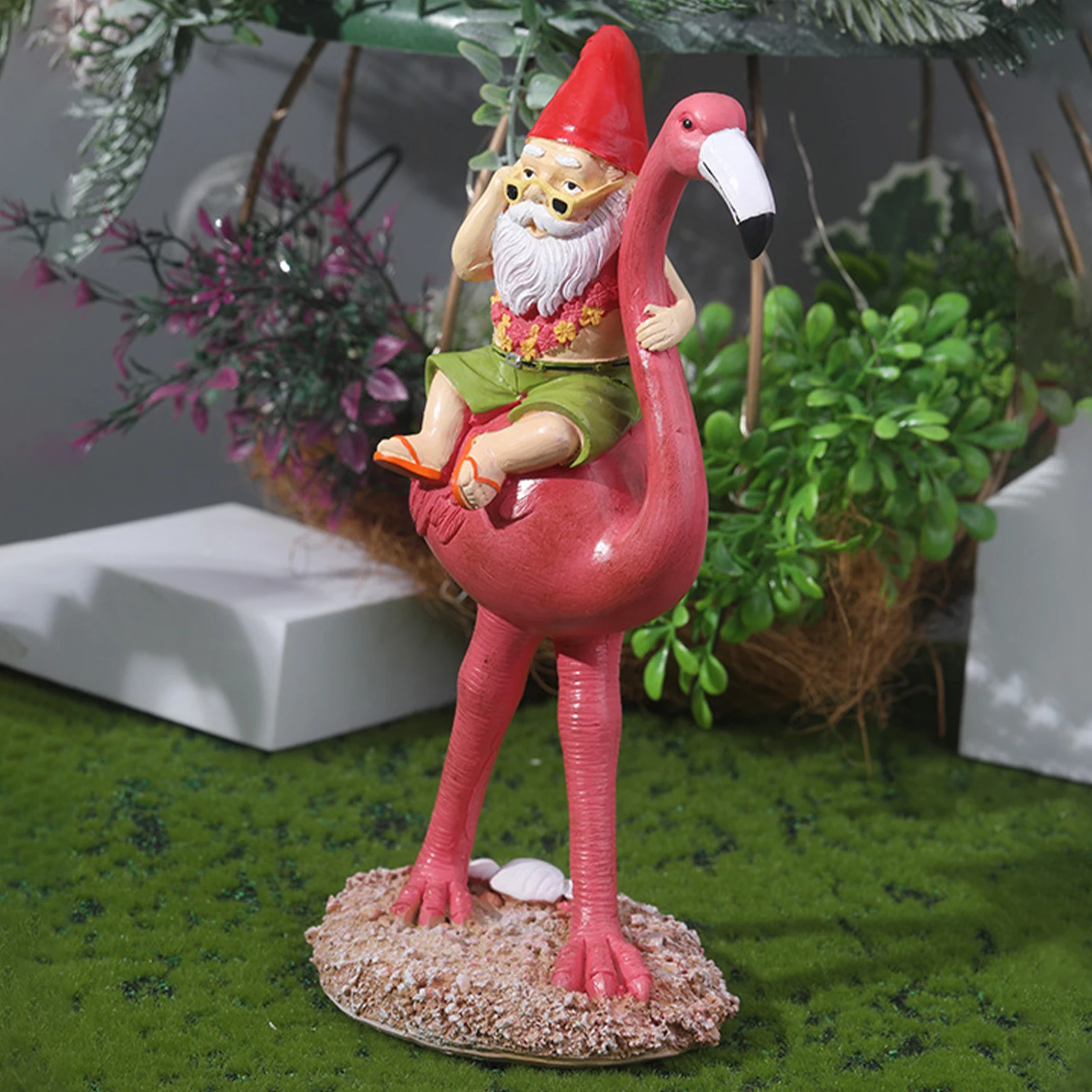 

Garden Gnomes Riding Flamingo Ornament Funny Gnome Reclining on Flamingo Figurines for Patio Yard Lawn Porch Home Decoration