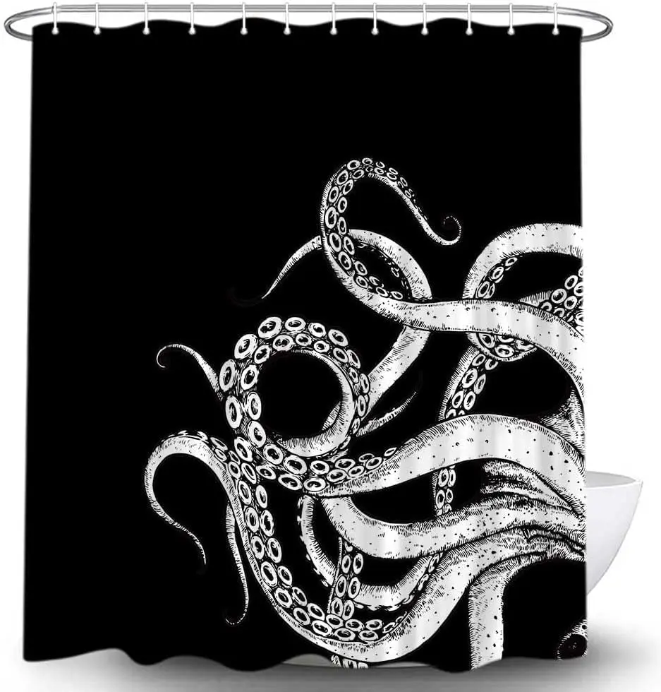 Giant Octopus Tentacles Shower Curtain, Black White Sea Monster Print, Gothic Bathroom Decor, Waterproof Polyester Fabric