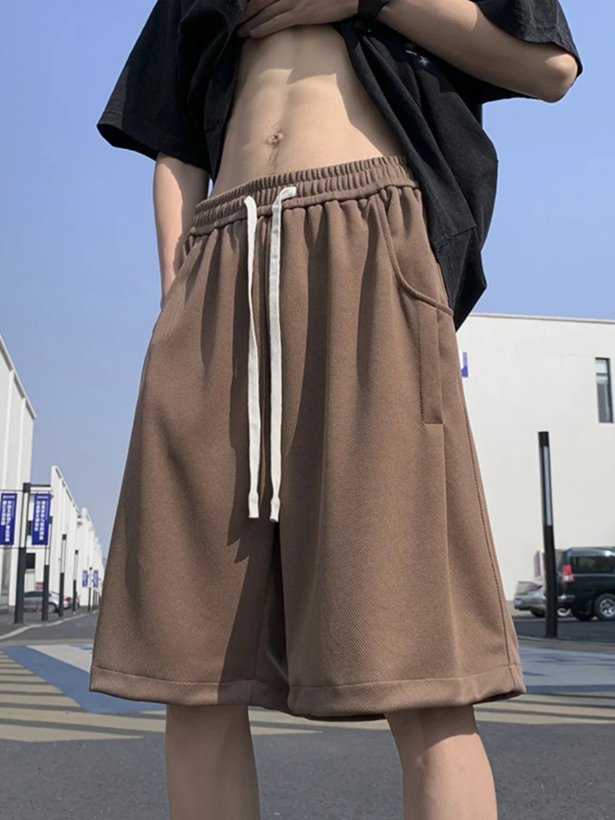 

Casual Loose Men's Summer orts American Retro Design Wide Leg Straight Tube Sports Sweatpants Five-Quarter Length Pants