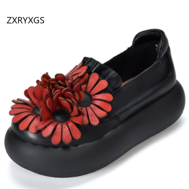 

ZXRYXGS 2025/Новая модная обувь из воловьей кожи с цветочным принтом, туфли на платформе с лифтом, удобная женская модная обувь на высоком каблуке