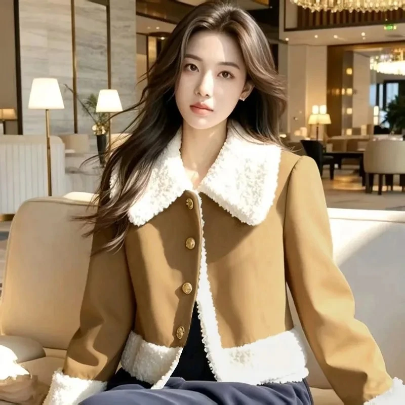 Xiaoxiangfeng Damen-Kurzmantel mit Revers, weibliche Lammwolljacke, 2026, Herbst/Winter, neue, mit Baumwolle gepolsterte Temperament-Kontrast-Overwear