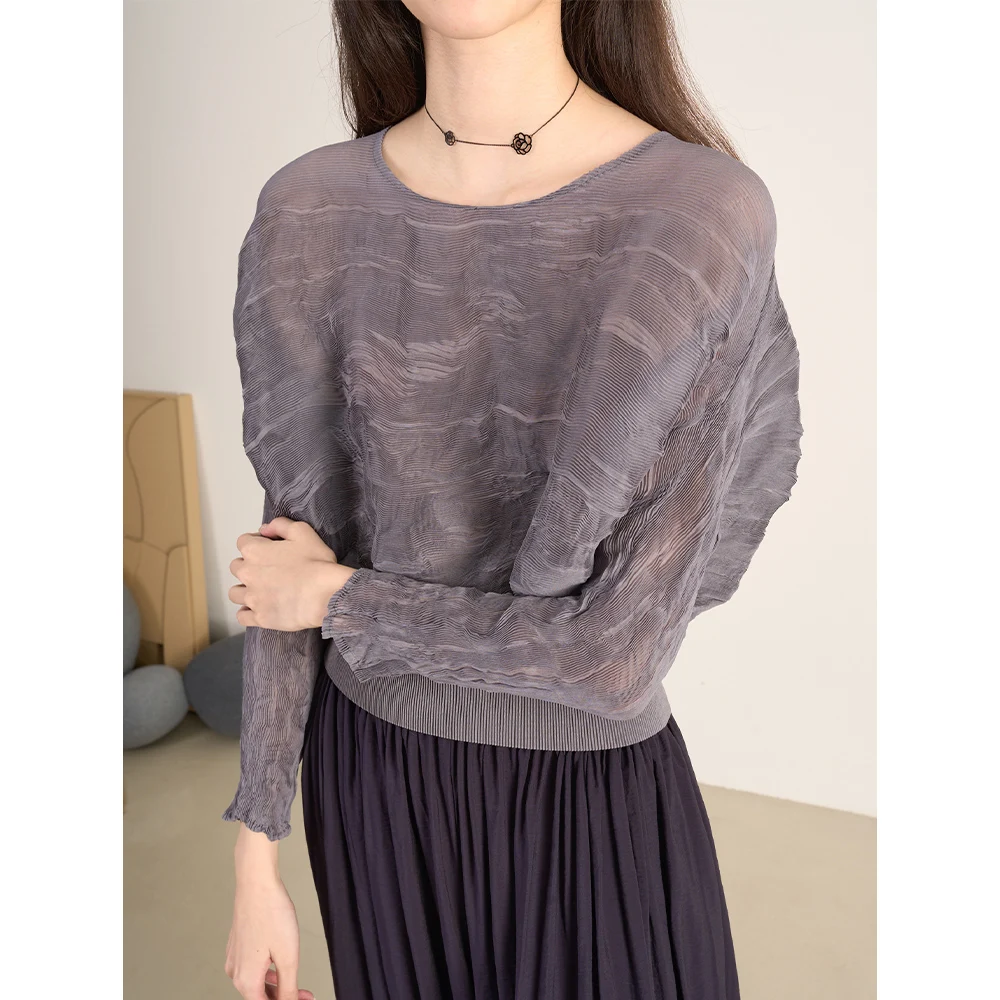 

Romantic Texture Sensation Loose Batwing Sve Ruffle round Ne Waist Cinched ort Top Women's Faion Polyester Fiber