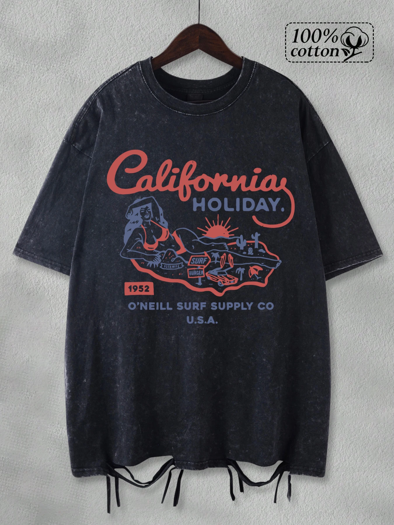 

California Holiday Usa Printed Washed Holes T-Shirts Men O-Neck Cotton T Shirts Casual Loose Sportswear Vintage Soft Clothes