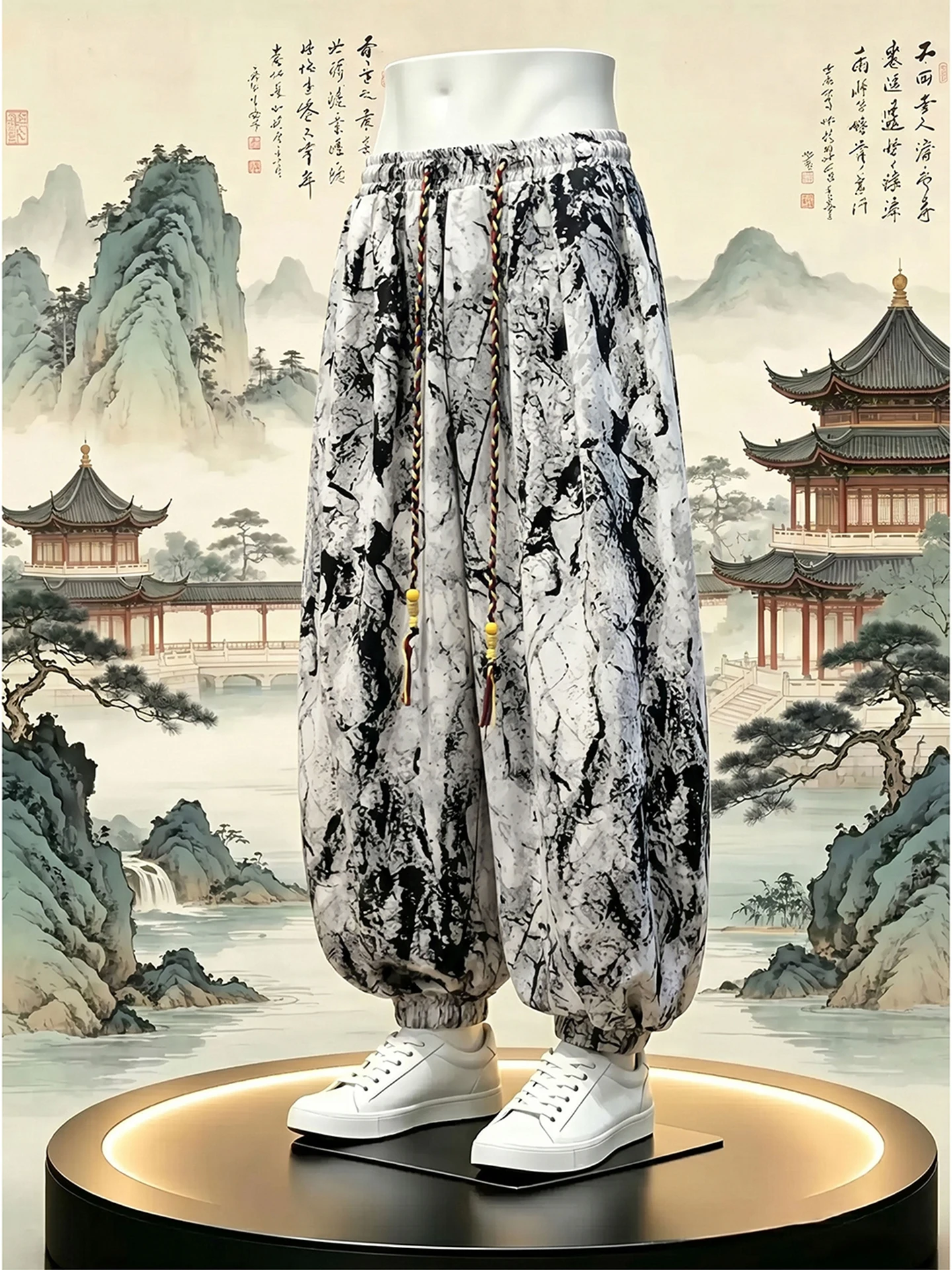 

New Chinese Style Ice Silk Men's Summer Thin Wide Leg Lantern Pants Loose Fit Drawstring Harlan Casual Pants Water-Media Dyed