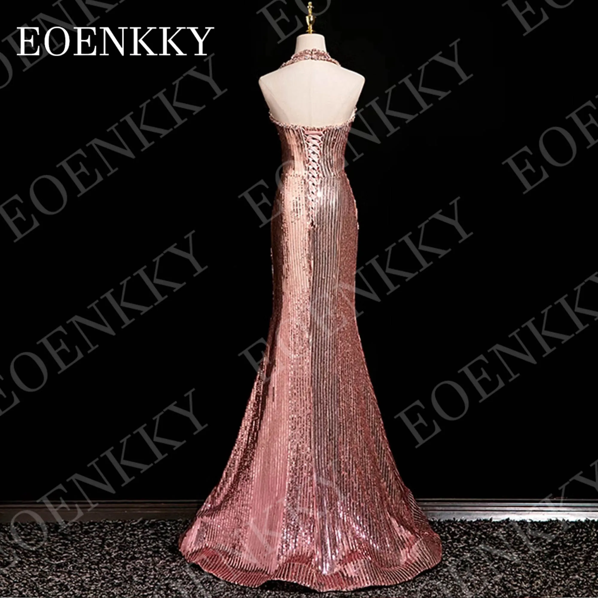 EOENKKY Elegant Sparkly Evening Dresses for Wedding Mermaid Sequin Beaded V Neck Prom Dress Halter Neck Customized فساتين سهرة