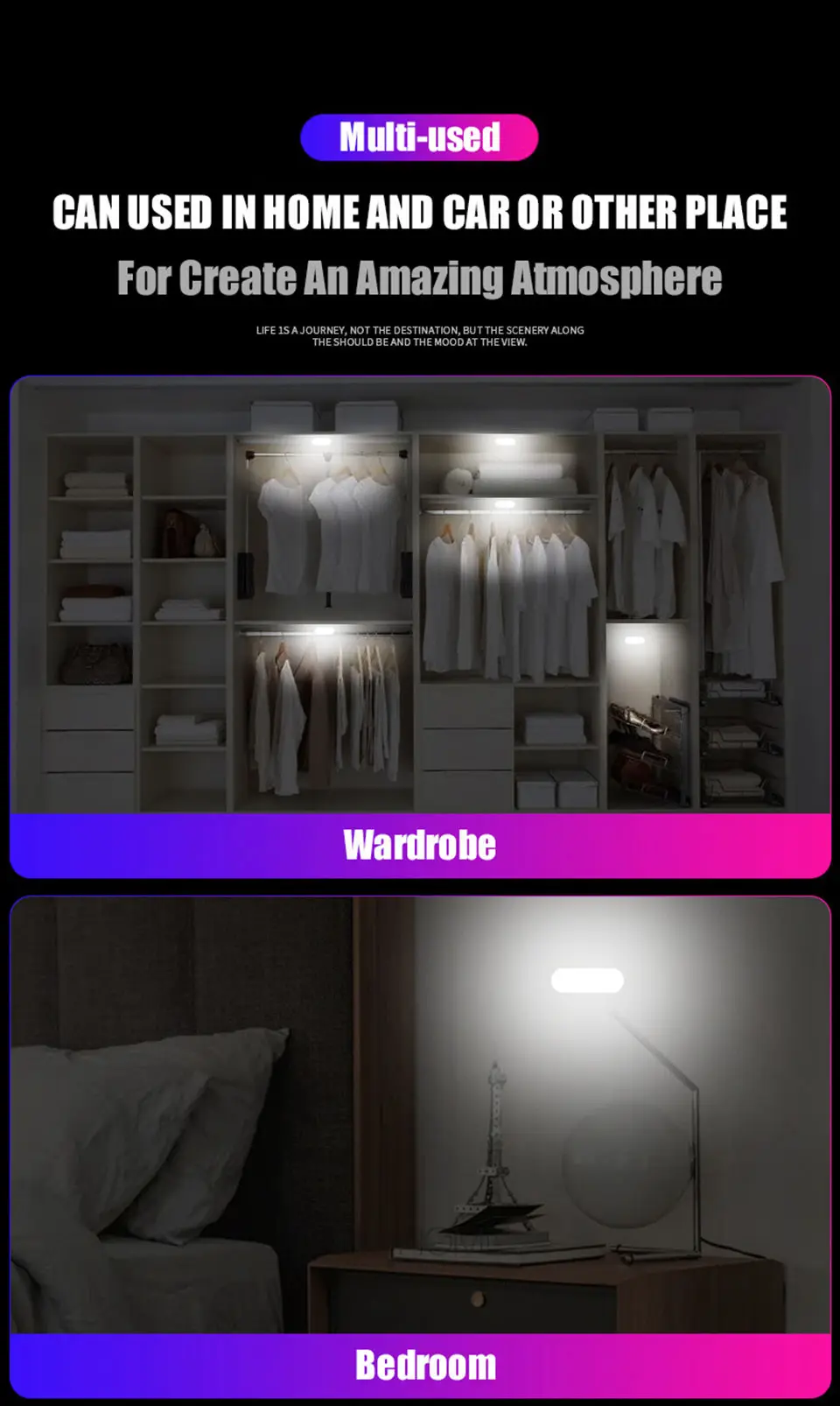 LED Ambient Night Light USB Rechargeable Cabinet Light Room Decor RGB Lights Atmosphere Lamp Magnet Wireless Car Interior Light