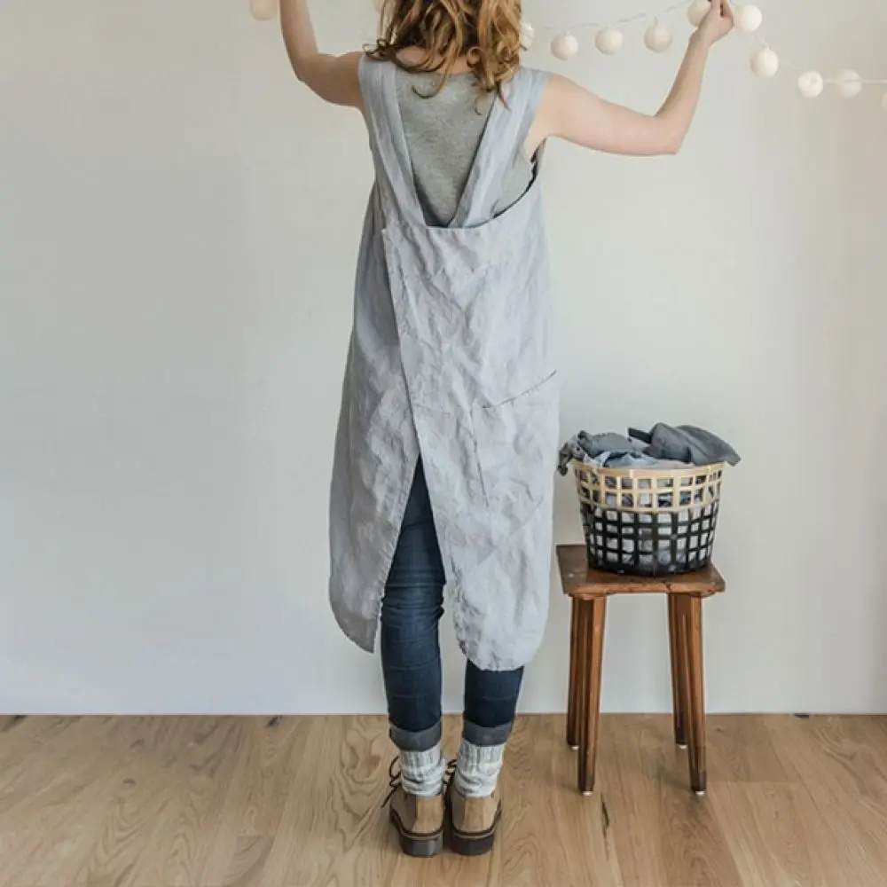 Women Summer Cotton Linen Pinafore Dress Casual Loose Pocket Overall Skirt Sleeveless Midi Apron Style Beach Vestidos