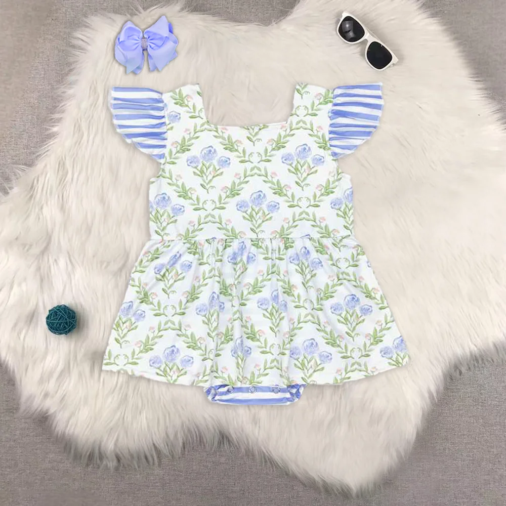 

Baby Girls Green Blue Flowers Sibling Rompers Clothes Sets