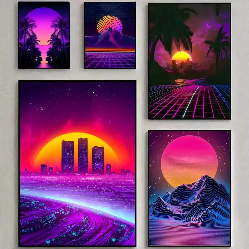 Neon Retrowave Synthwave Poster Poster Waterproof HD Wall Art Decal Self-Adhesive Aesthetic Decor For Home Living