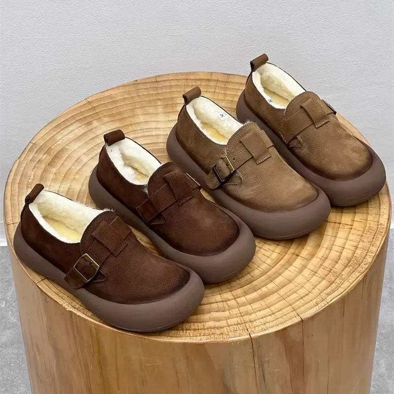 

GKTINOO Handmade Genuine Leather Cotton Shoes 2025 Winter New Retro Round Toe Flat Wool Warm Women's Slip-on Shoes