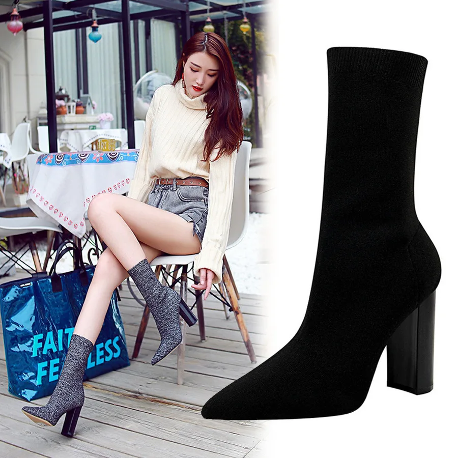 Women Pumps Heels Wind Autumn/winter Fashion New Style Simple Coarse High Heel Pointed Sexy Nightclub Look Thin Knitted    Women