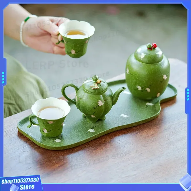 Green Orange Crane Dance Ceramic Kung Fu Tea Set Small One Pot Two Cups High End Office Special Teaware for Making Tea