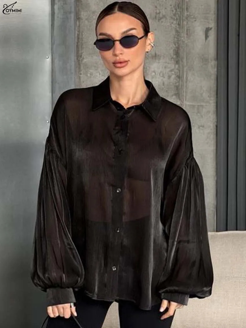 

Oymimi Elegant White Loose Women's Shirt Fashion Turn-Down Collar Puff Sleeve Shirts Casual Single Breasted Translucent Shiirts