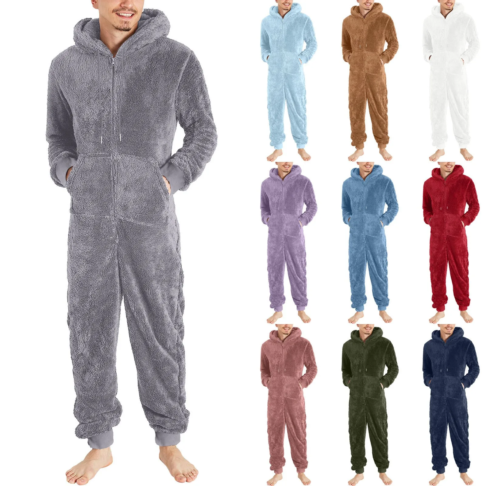 Plus 5xl Men Winter Pajamas New Pocket Zipper Long Sleeve Warm Plush Jumpsuit Pajamas Solid Hooded Drawstring Onesies 2023