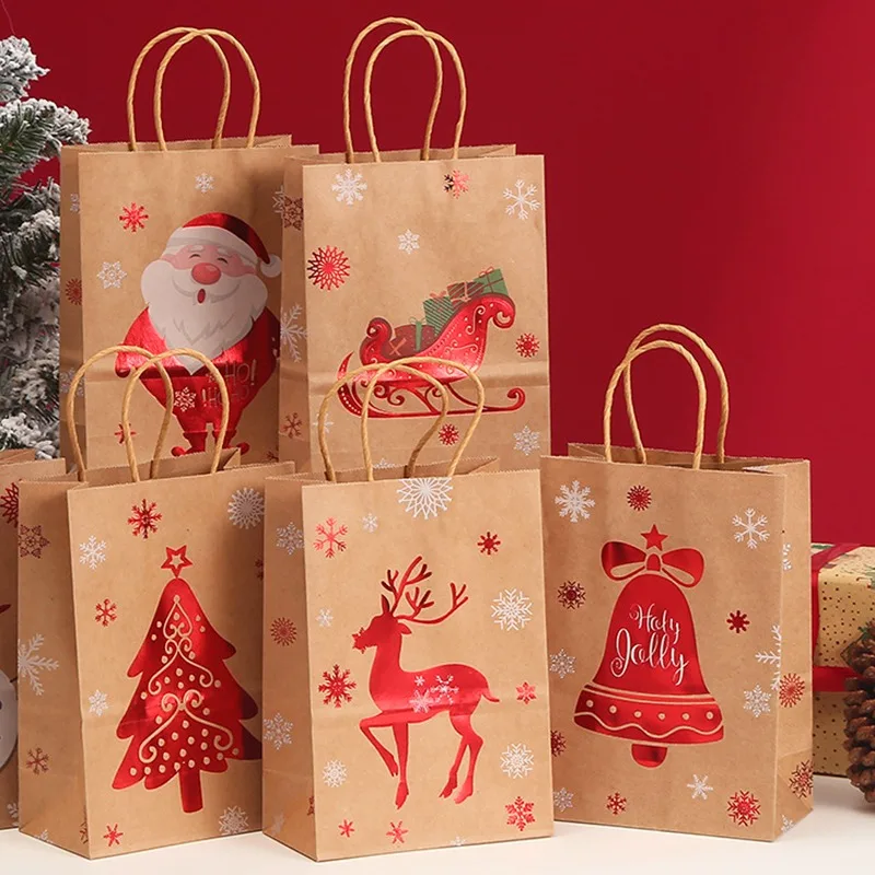 1-30PCS Christmas Kraft Gift Bags with Handle Party Candy Cookie Packaging Treat Pouch Santa Claus Snowman Decorations Wholesale