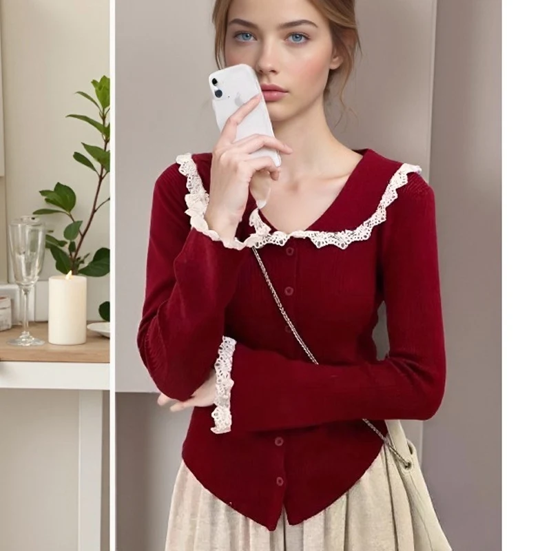 Cardigan à manches longues pour femmes, décontracté, col en v, haut tricoté, Style coréen, pull en dentelle douce, élégant, couleur unie, automne 2025