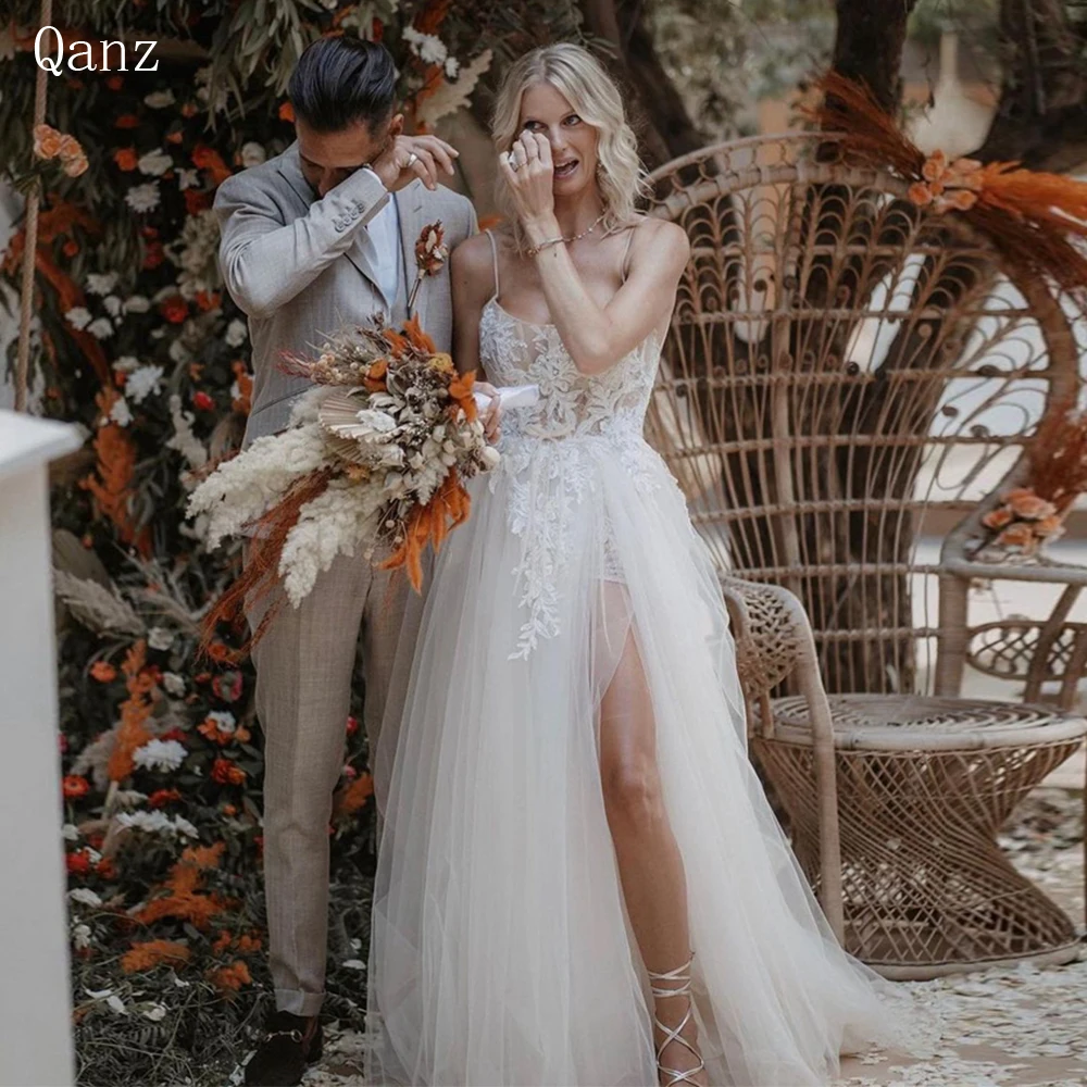 Qanz-Vestido De novia con tirantes finos, traje Sexy De tul con abertura lateral, estilo bohemio, para playa