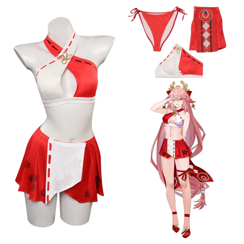 

Game Genshin Impact Cosplay Yae Miko Cosplay Swimsuits Costume Outfits Red Tops Shorts Set Halloween Carnival Party Summer Suit
