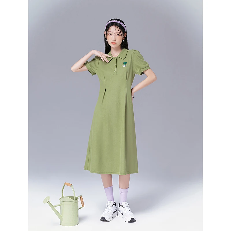 TOYOUTH Women Dress 2024 Summer New Pearl Polo Neck Short Sleeve Slim Waist Knee Length Casual Dress