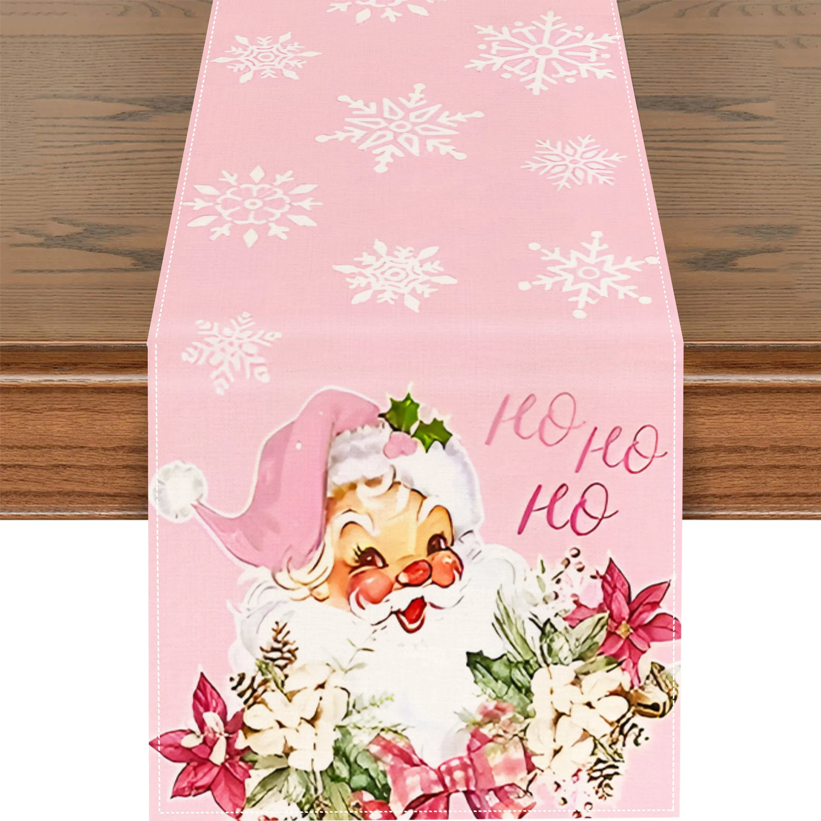 

1 Piece of Pink Christmas-Themed Table Runner, Light Pink Background with White Snowflakes, Santa Claus Wearing a Pink Hat, Floral Pattern, Suitable for Christmas Parties, Girlfriends' Tea Parties, Girly Home Furnishings, Holiday Markets, Cozy Cafes, B&B 