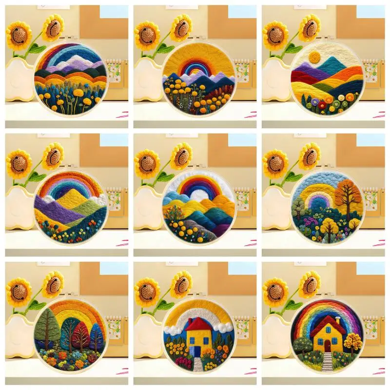 

CHENISTORY DIY 20x20cm Needle FeltingPainting Kit with Embroidery Hoop Rainbow Scenery Wool Craft Set for Beginners Home Decor