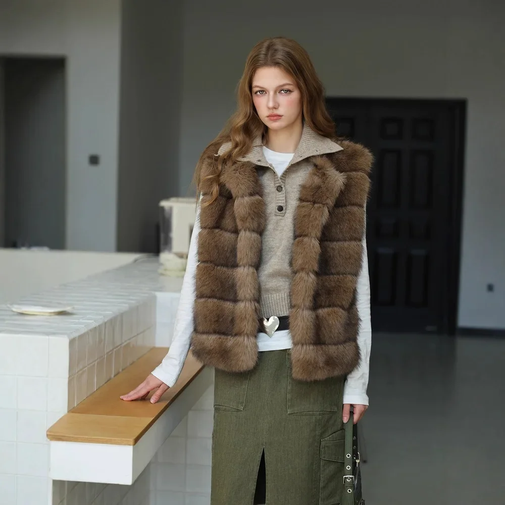 سميكة الدافئة الإناث فو الفراء معطف الشتاء النساء ايكو الفراء سترة الحد الأدنى الصلبة منقوشة أكمام سيدة فرو المنك أبلى #4