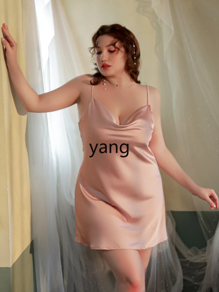 LMM large size sexy pajamas ice silk fattened plus suspenders spring and summer fat sister 100kg nightdress