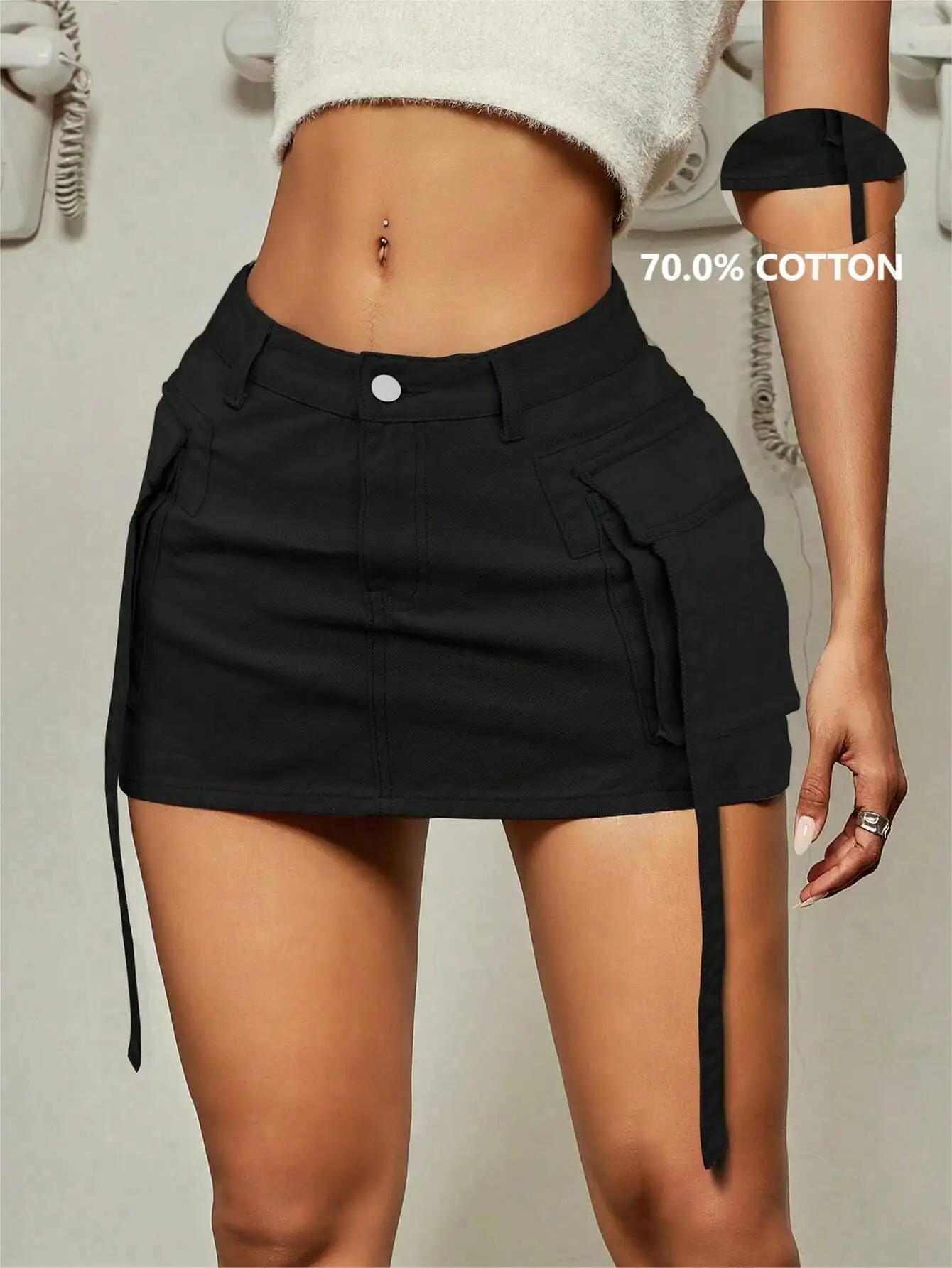 

Black Cargo Mini Skirt with Flap Pockets and Side Tie Detail