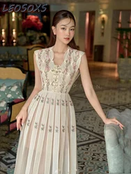 High-End Elegant Mesh Stitching Dresses for Women 2024 Early Spring New Heavy Industry Crochet Lace Temperament Mid-Length Dress