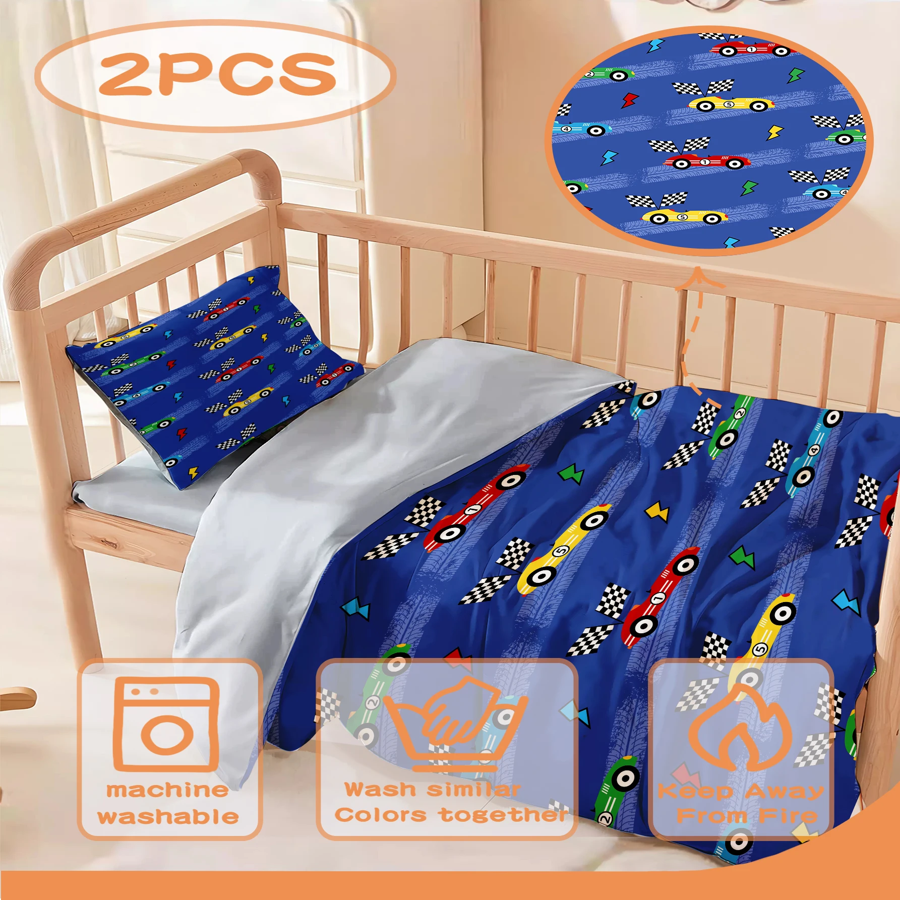 漫画の車のベビーベッドカバーセット (2 ピース)、車のテーマ、柔らかく通気性のある、漫画のプリント寝具セット、柔らかく快適です。