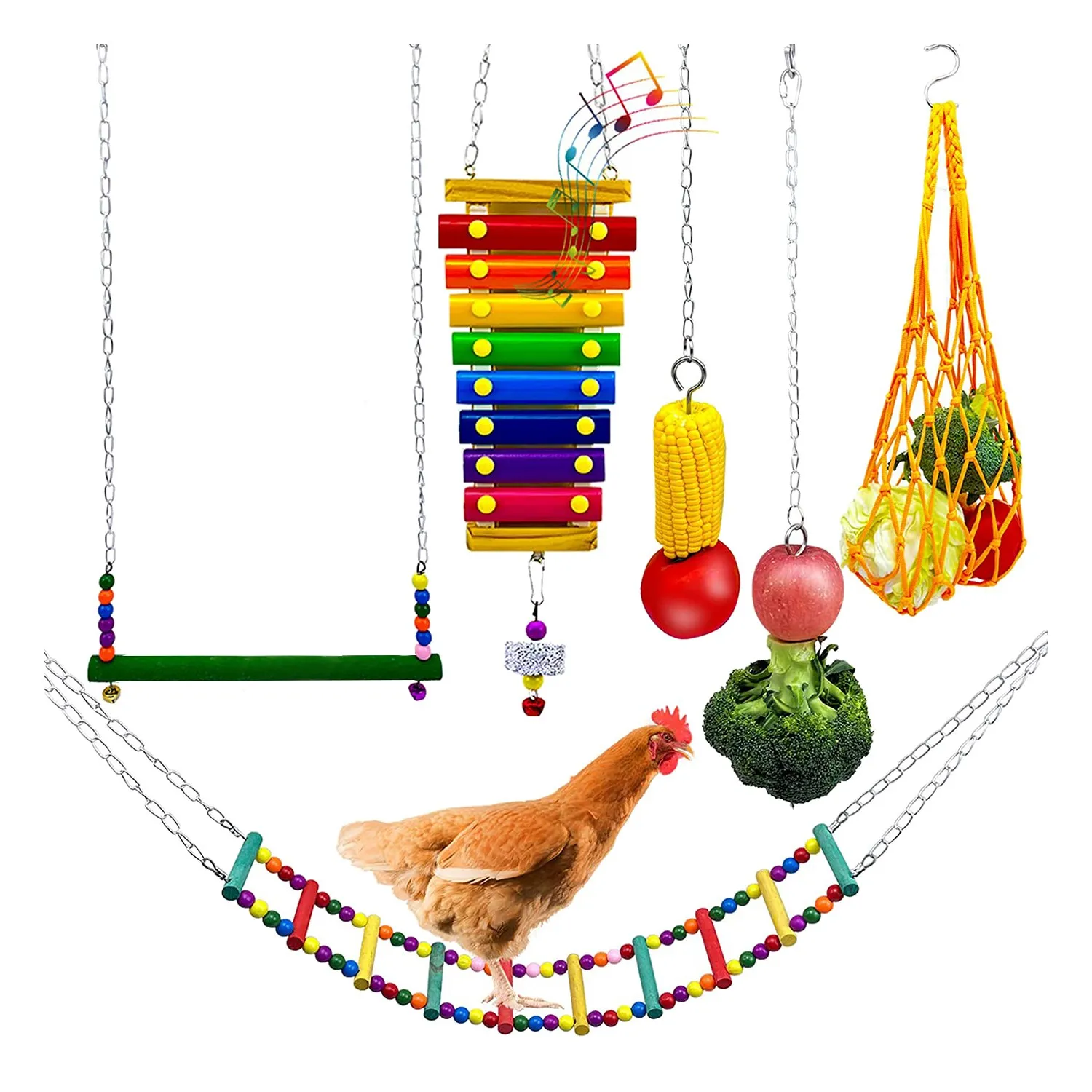 Chicken Toys, 6 Pieces Chicken Toys for Coop, Chicken Swing and Xylophone Toy, Parrot Chicken Colorful Ladder Toy