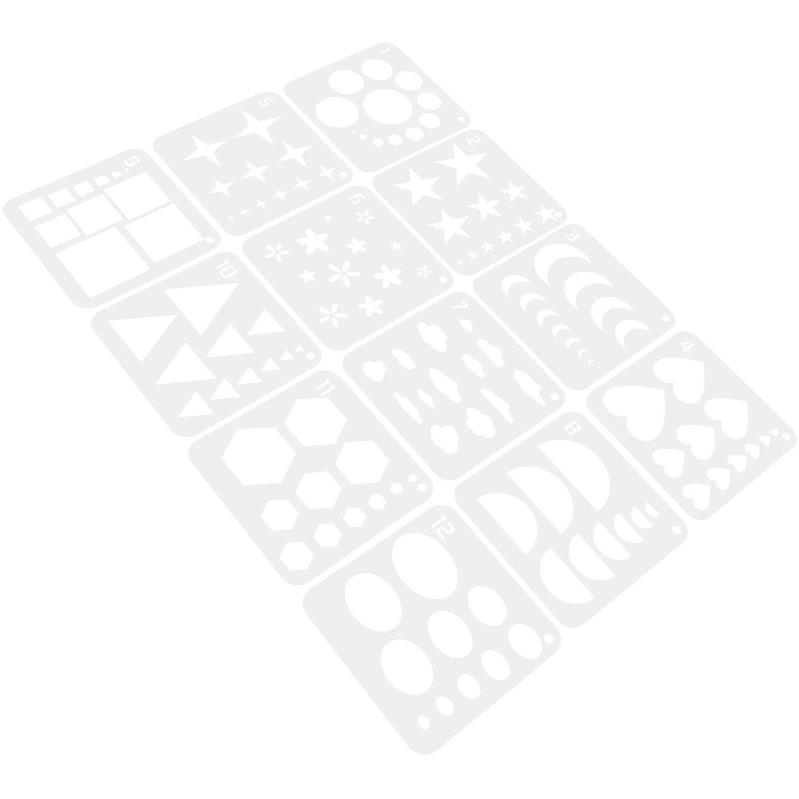 12-teiliges geometrisches Schablonen-Set, kreative Formen, Kunststoff, Blumen-Stern-Zeichnungsvorlagen für DIY-Bastelbedarf, wiederverwendbare Kunst
