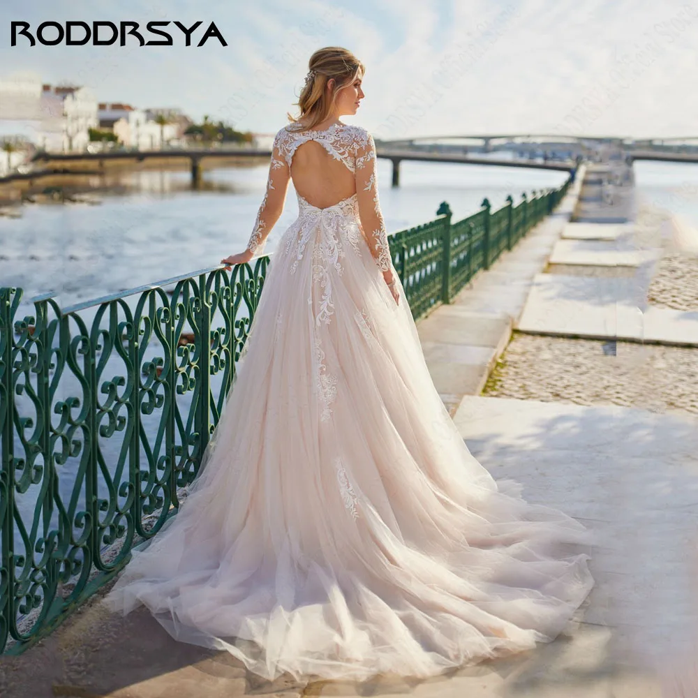 Roddrsya sans dos a - word dentelle robe de mariée manches longues col rond appRODDRSYA-Robe de Mariée Trapèze en Dentelle, Dos aux, Manches sulf, Encolure Rond, Patients Appliqués, Tout Sur Mesure, Élégante, Éducative