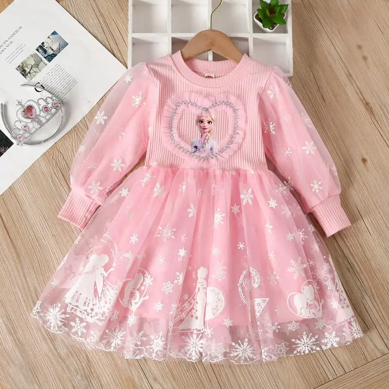 Disney Elsa Princess Dress Girl Dress Up Spring Autumn Long-sleeve Clothes Kids Gauzed Children Frozen Elsa Birthday Party Dress