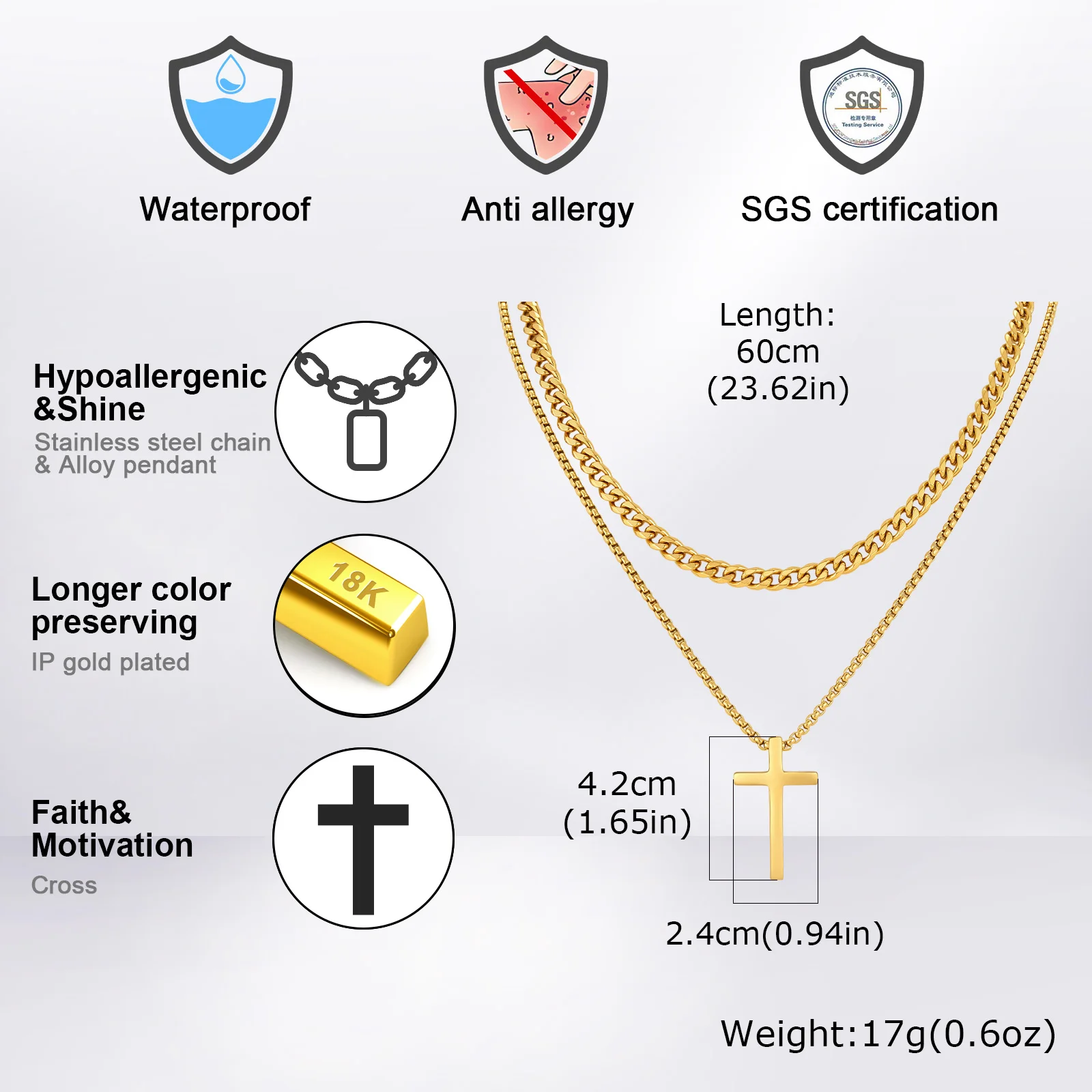 Vnox Mehrschichtige Kreuz-Halskette, Edelstahl-Mehrfachketten-Halsketten mit gedrehtem Panzerketten-Anhänger, Hip-Hop-Schmuck mit religiösem Motiv für Männer. – Detail 22