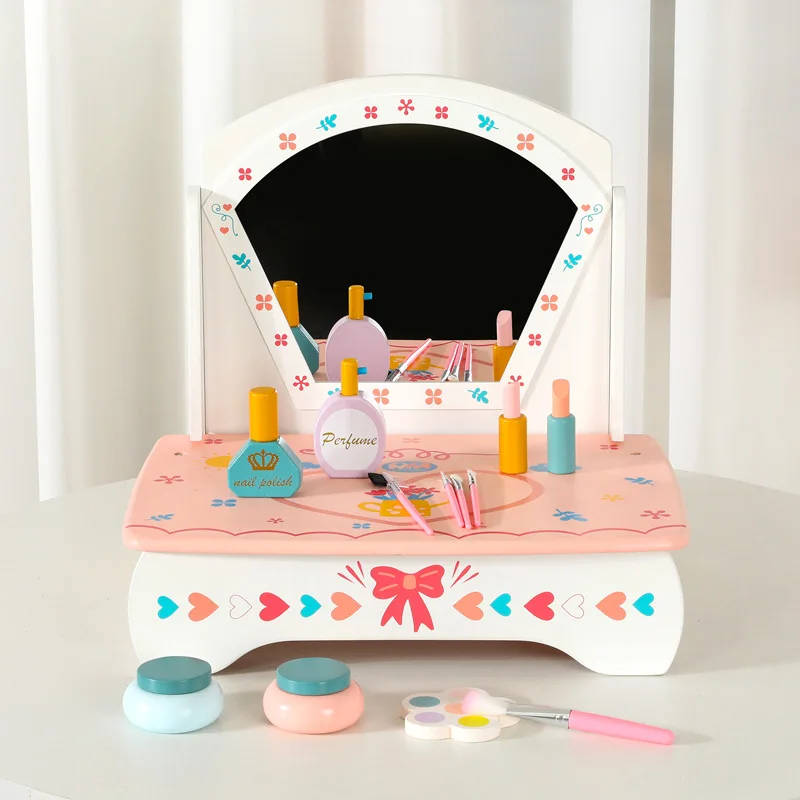 Wooden Toy Girls Makeup Set Pretend Play Kid Make Up Beautiful Hairdressing Simulation For Girl Children Dressing Cosmetic Gifts