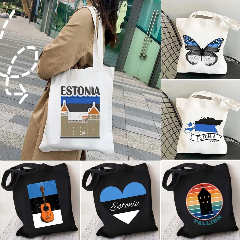 Tallinn Estonia Country Flag Map Estonian Travel Souvenir Landmark Butterfly Cotton Canvas Tote Bag Shopping Eco Shopper Handbag