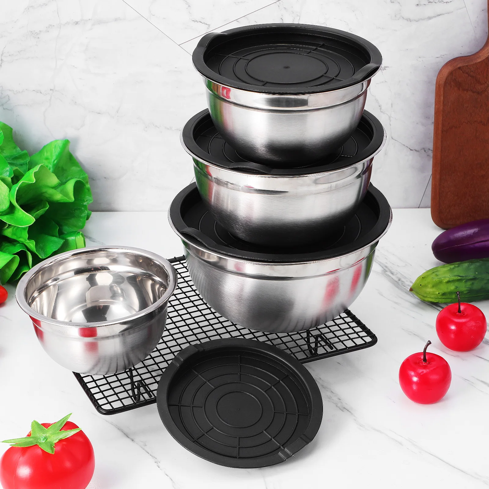 

4Pcs Stainless Steel Stackable Mixing Bowls Set Large Capacity Kitchen Prep Mixing Serving Salad Bowls with Lids