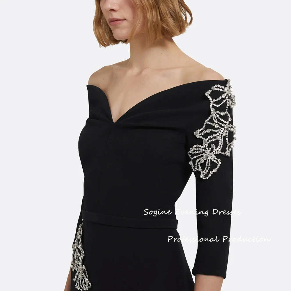 Crepe personalizado vestidos de noite feminino fora do ombro em linha reta 3/4 manga ao ar livre vestindo com contas formal فسات intellimavera
