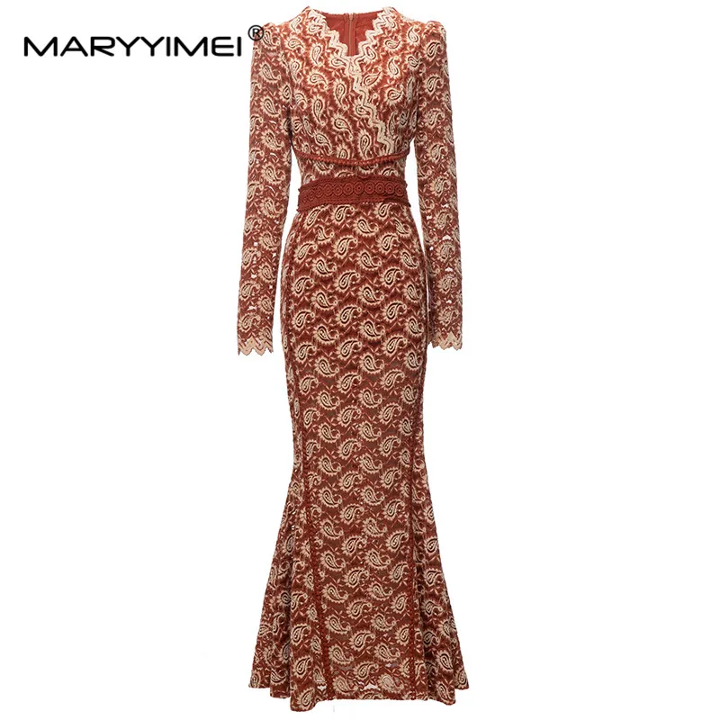 

MARYYIMEI New Fashion Runway Designer Women's Clothing V-Neck Long Sleeves Hollow Out Embroidery Vintage Hip Wrap Tweed Dress