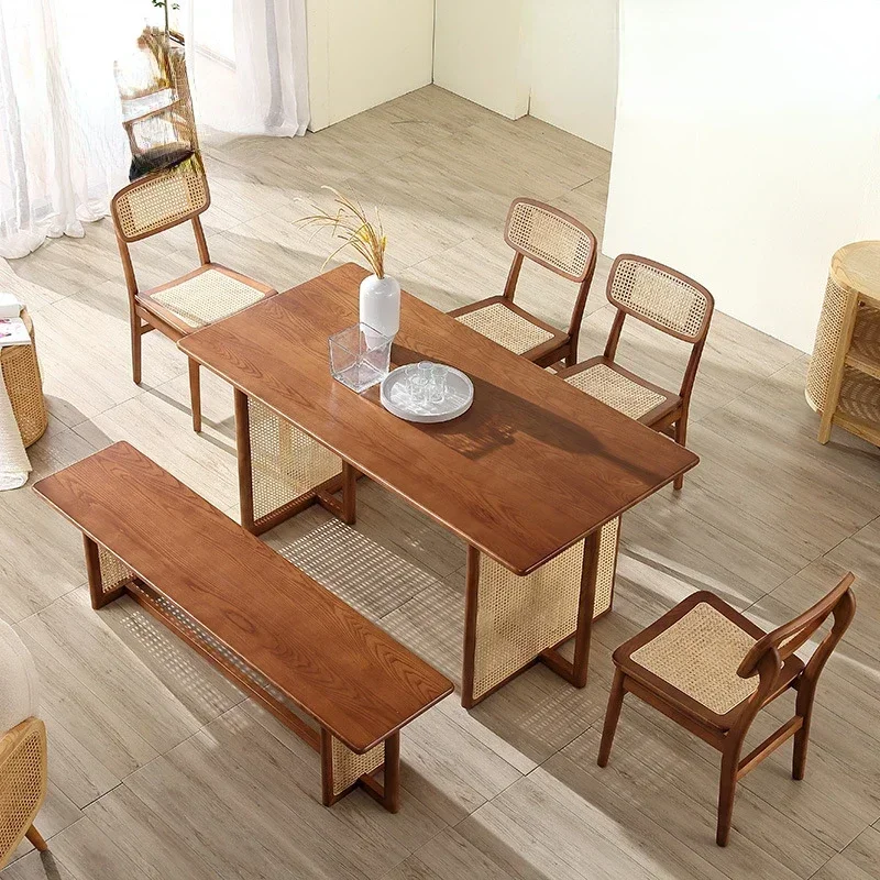 TAO Japanese-Style Solid Wood Dining Table Modern Rattan Table and Chair Combination Rectangular Oak One Table and Four Chairs