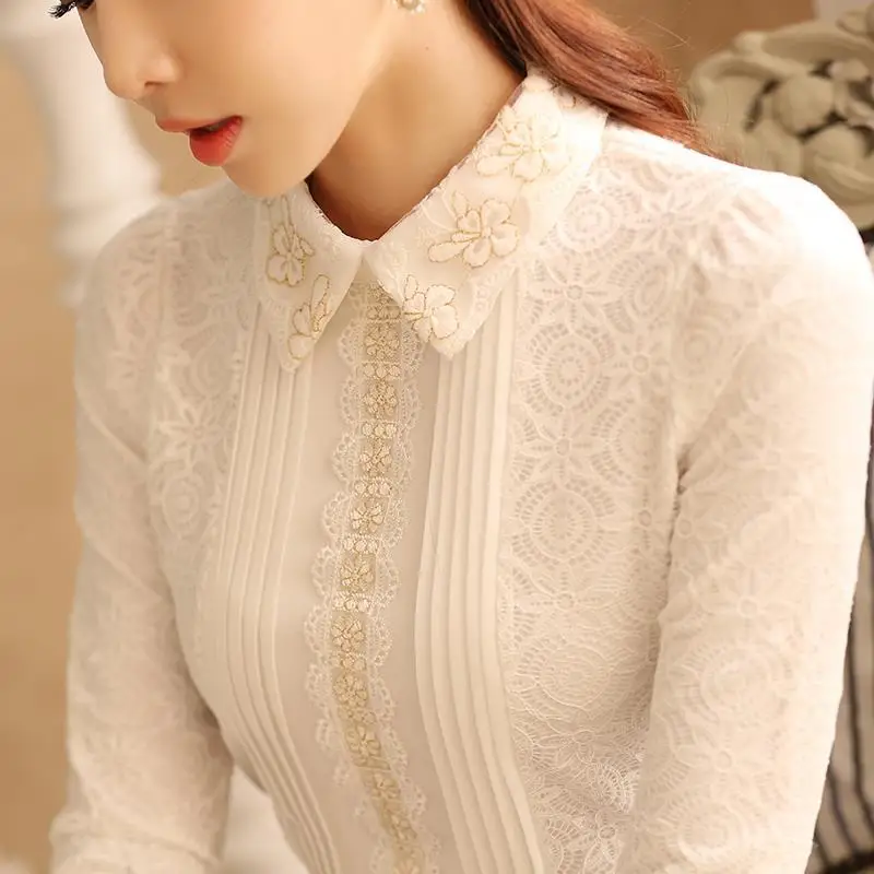 Lace Shirt for Women, Long Sleeved Top, Slim Fit Lapel, Korean Version, New Clothing, Autumn and Winter, 2023