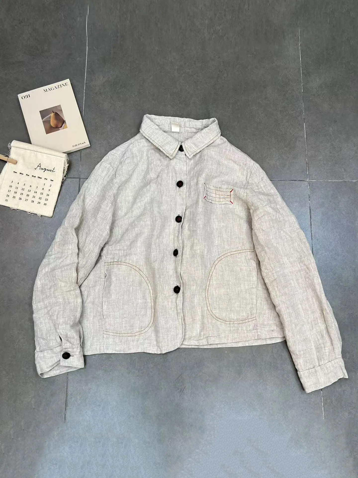 

Retro Sle Worn-In Linen irt Loose Fit Long Sve Collar Commute Friendly Breathable Slimming Effect Casual Wear