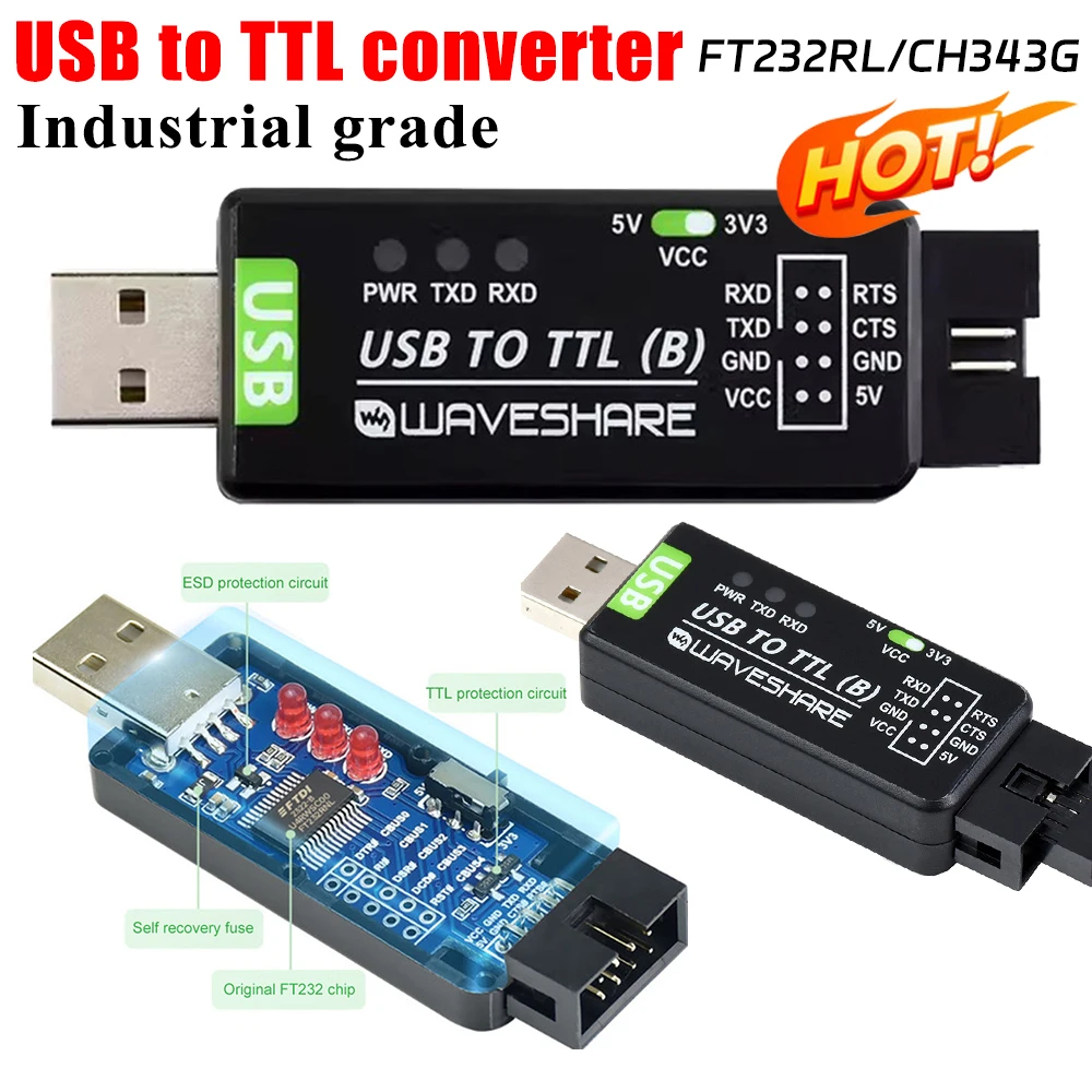 Industrial USB To TTL Converter Original FT232RL/CH343G Multi Protection & Systems Support Stable Transmission LED Indicators