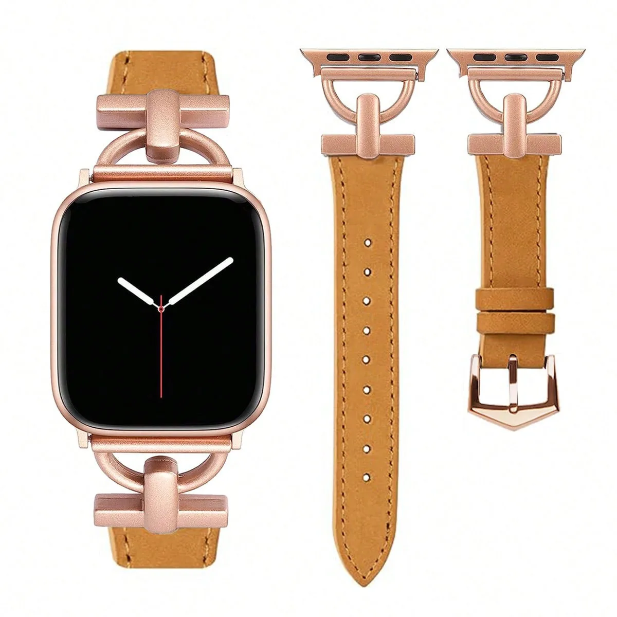 Suitable for Apple watch ultra21ses987654321 series 38404142444549mm rose gold metal D-shaped decoration brown soft leather band