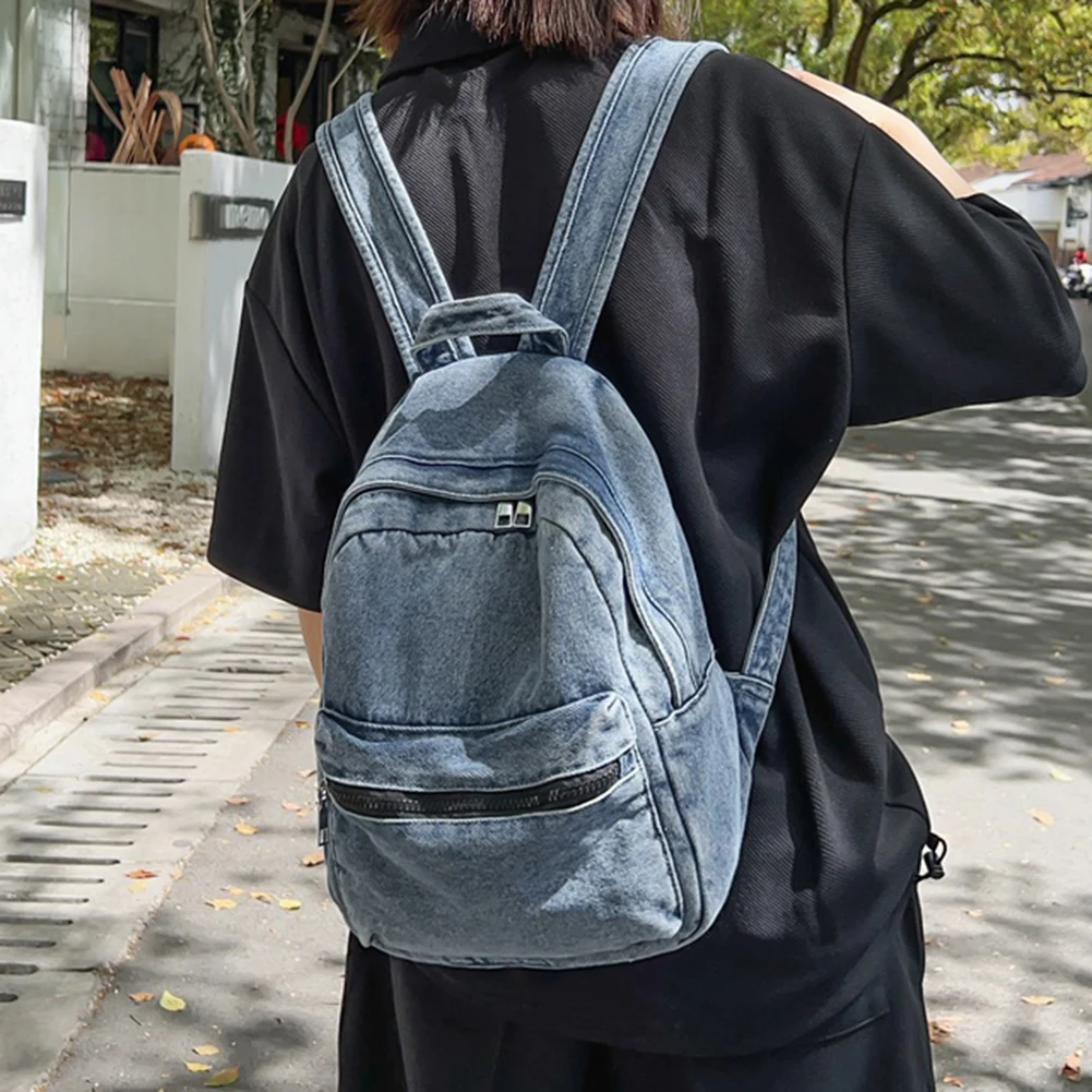 Ransel Denim Fashion ransel Jeans ringan Vintage Laptop ransel kapasitas besar Multi kantong untuk perjalanan luar ruangan