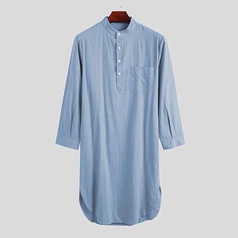 Männer Button-down Schlaf Roben Einfarbig Stehkragen Langarm Nachthemd Mode Komfortable Hause Tragen Lose Bademäntel m-3XL – Detail 3