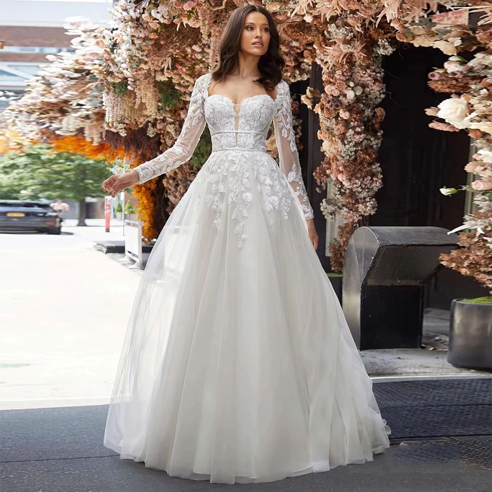 Luxus frauen Hochzeit Kleider Spitze Aufkleber Langarm Square Neck Wunderschöne Prinzessin Brautkleider A-Line Plus Größe Individuell Gestaltet