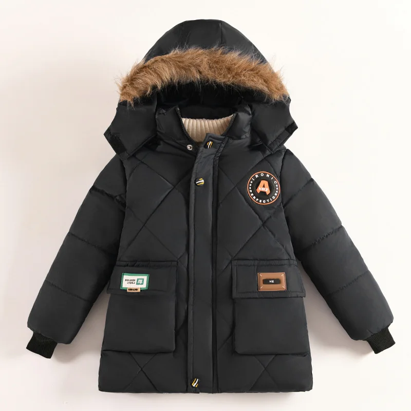 

-30℃ Winter Boys Thick Jackets Kids Fleece Line Warm Coats Teen Fur Collar Hooded Long Parka Snowsuit Cold Outerwear 4-10 Years