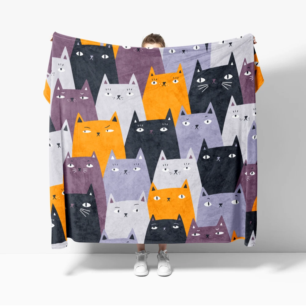 Ultra Soft Cozy Overlapping Cats Cartoon Expression Flannel Throw Blanket Lightweight Blanket for Sofa Couch Bed Decoration
